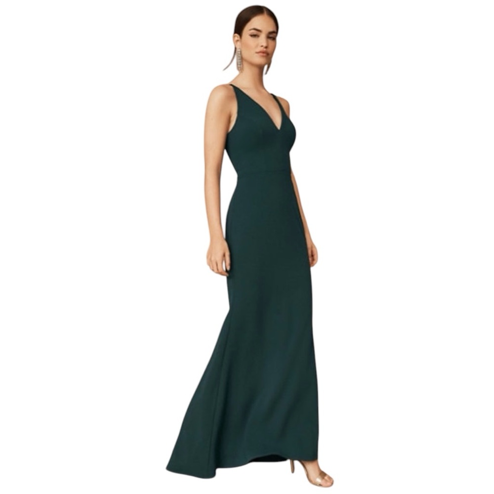 Bhldn Jones V-Neck Crepe Holly Green Evening Gown